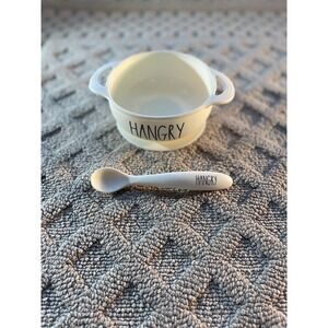 Rae Dunn Baby White "Hangry"‎ Silicone Suction Bowl With Spoon